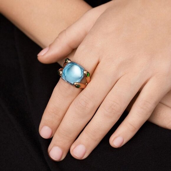 Art Deco Cushion Cut Cabochon Topaz Sapphire Golden Split Shank Ring (Size 7) - Picture 4 of 8